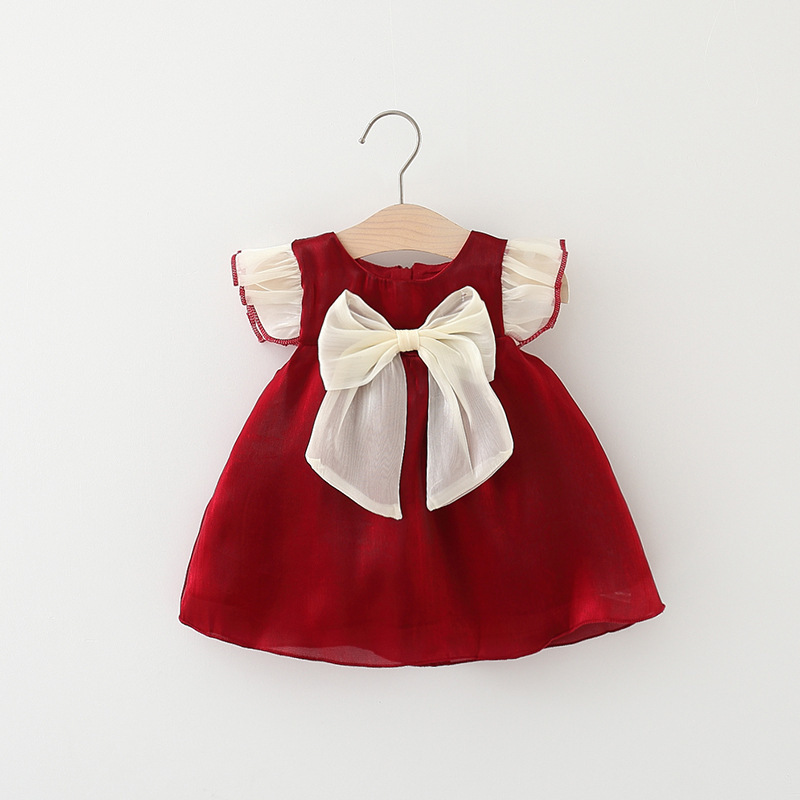 Été Robe Princesse à manches volantées, couleur unie, fil crépusculaire, motif bloc de couleur style coréen, nœud décoratif.