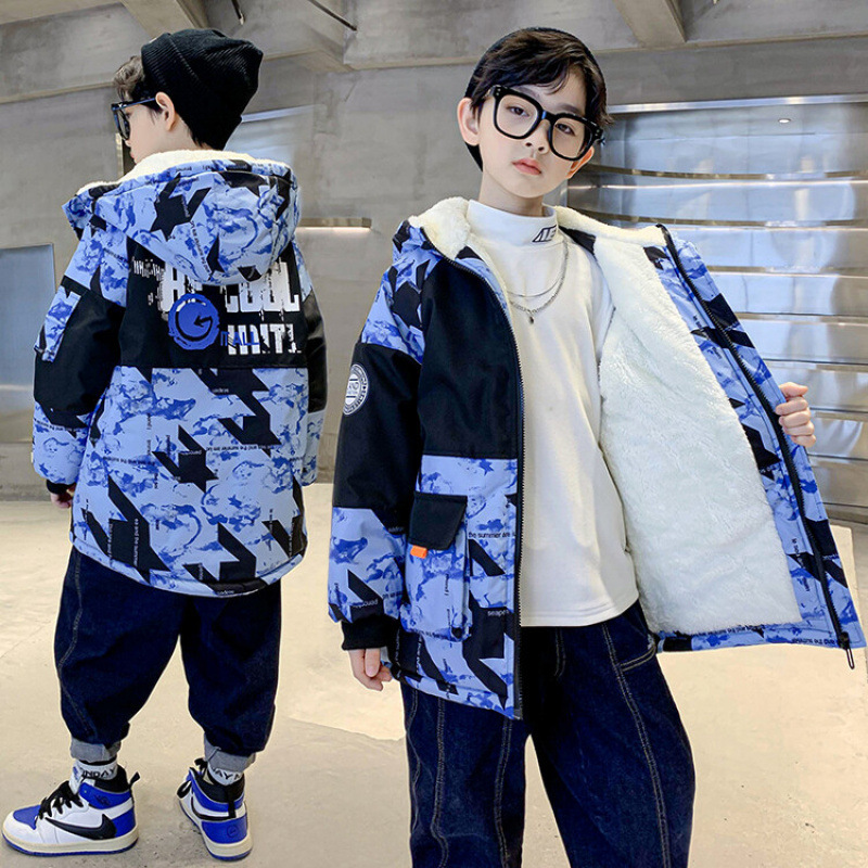 Garçons Vêtements en coton velours épaissi Taille moyenne et grande Parka camouflage pour enfants
