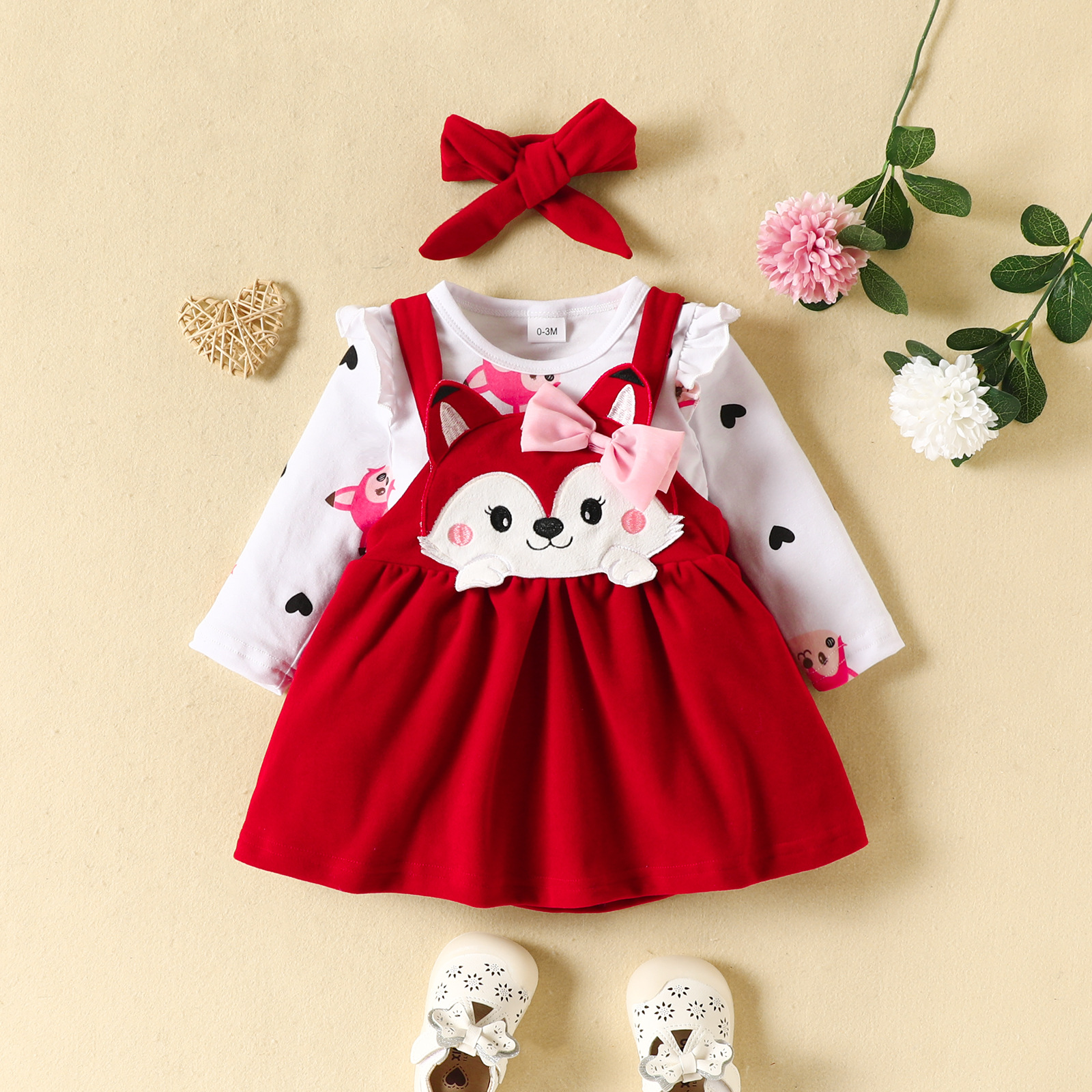 Ensemble jupe fille Love Animal, combinaison brodée renard, jupe bretelle