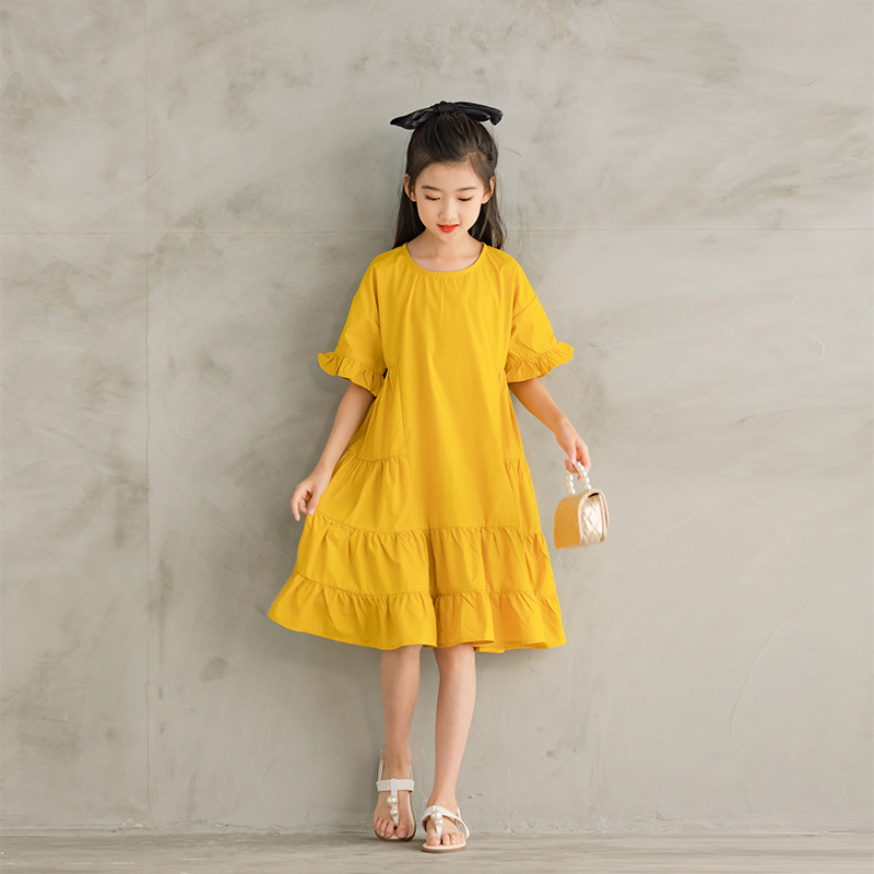 Robe jaune pour enfant, unie, manches mignonnes