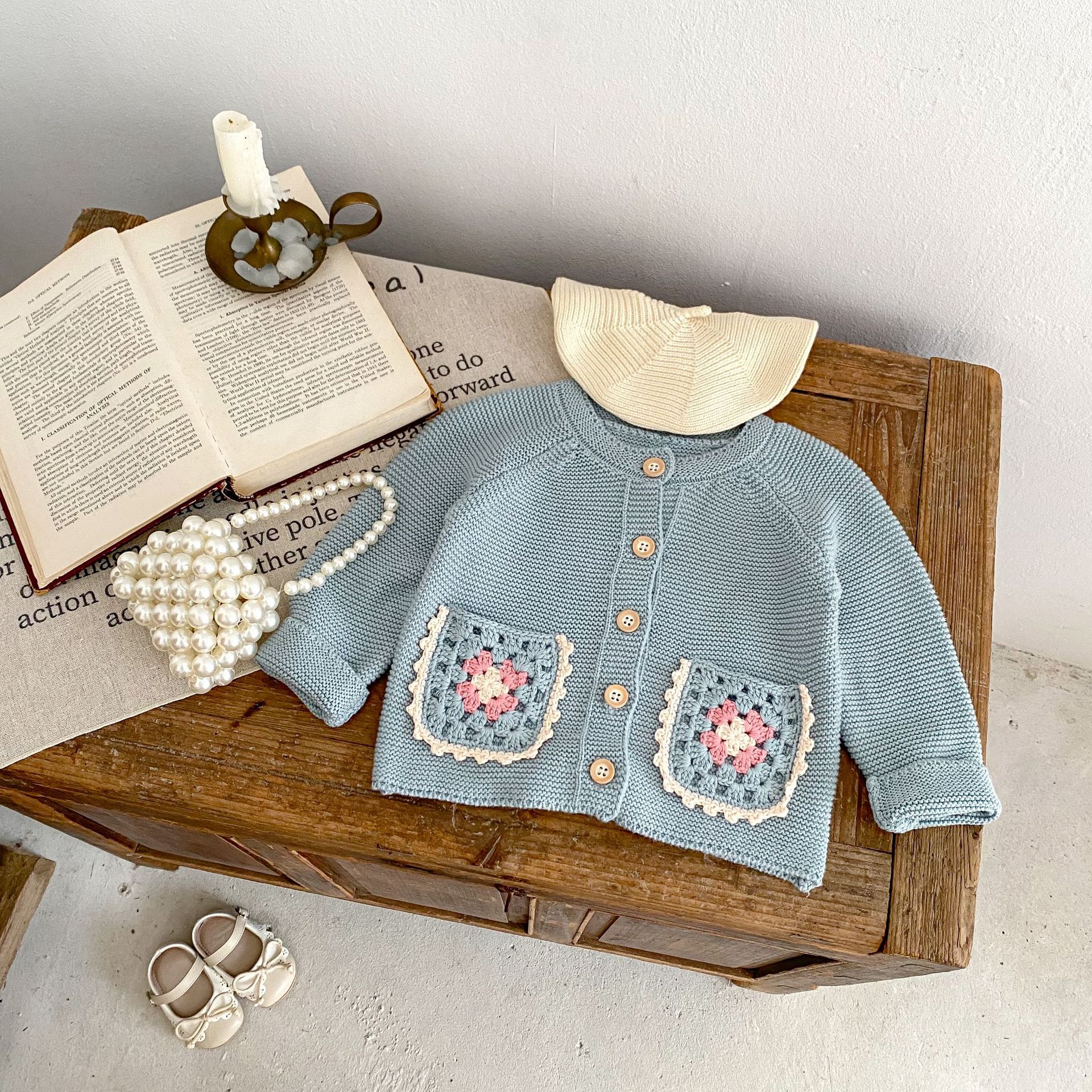 Enfants Pull Col Rond Gilet Crochet Main Poche Fleur Ajourée Manteau