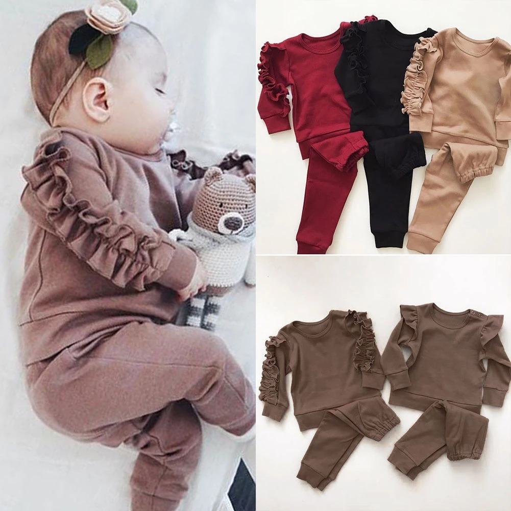 Nouveau Haut à manches longues unis avec volants pour bébé garçons et filles, pantalon, ensemble de 2 pièces pour enfants, vêtements d'automne