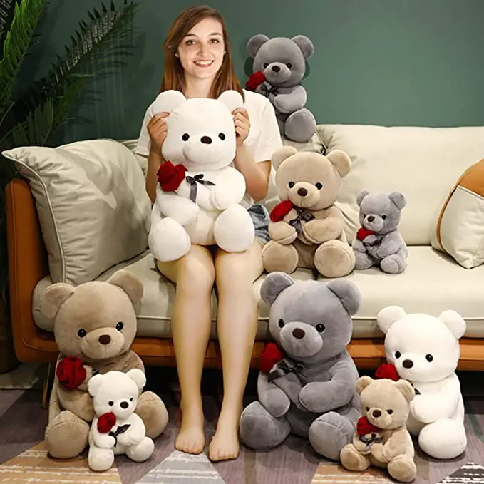 23-45 cm Nouvel Ourson Câlin avec Roses Coussin Peluche Animaux en Peluche Doux Joli Cadeau d'Anniversaire pour Petite Amie Saint-Valentin