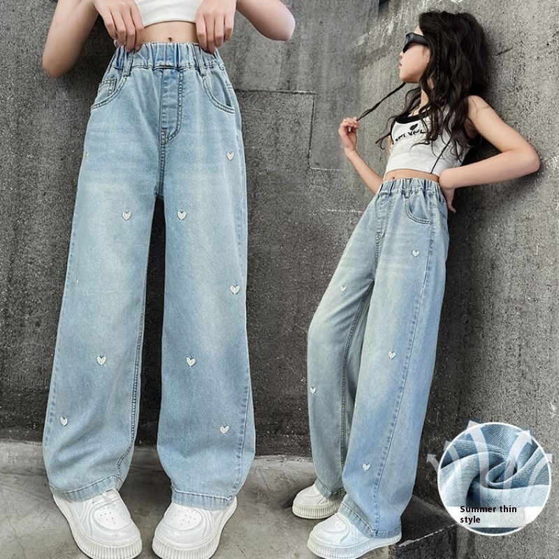 Pantalon large droit ample, taille moyenne et grande pour filles, denim en lyocell