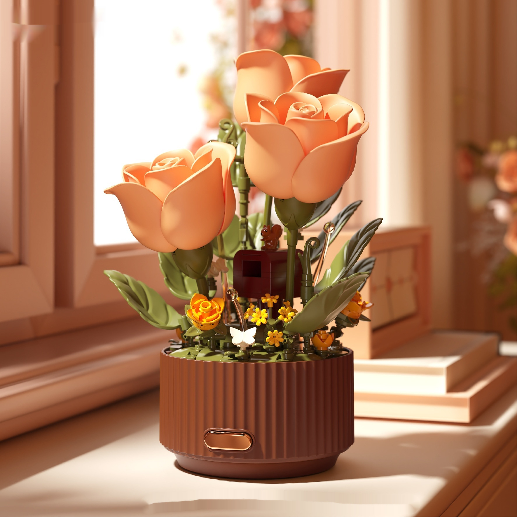 Fleurs préservées en briques de construction, modèle de fleurs animées, cadeau d'anniversaire et de la Saint-Valentin.