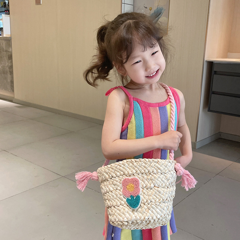 Sac à messager en paille tricoté à la main pour enfants