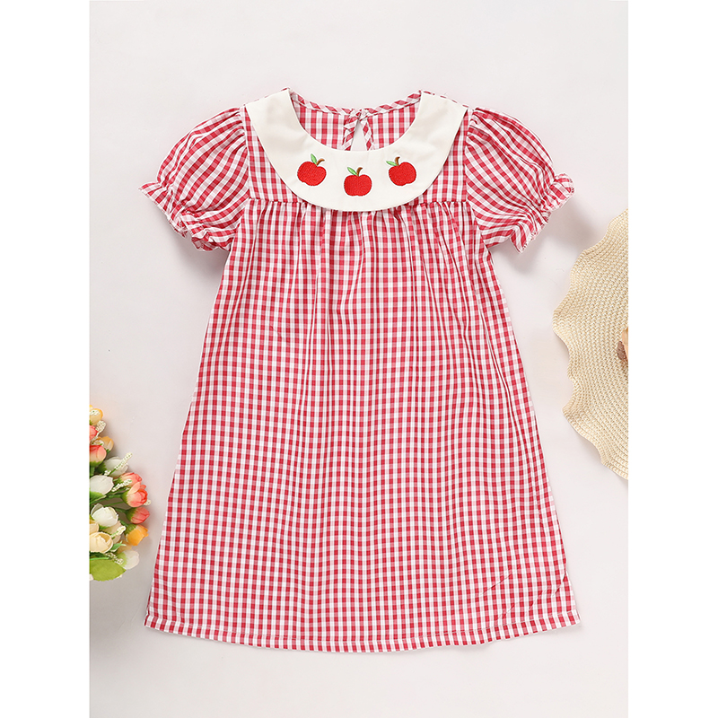 Robe fille pour bambin retour à l'école, col smocké, manches bouffantes, motif écossais brodé imprimé