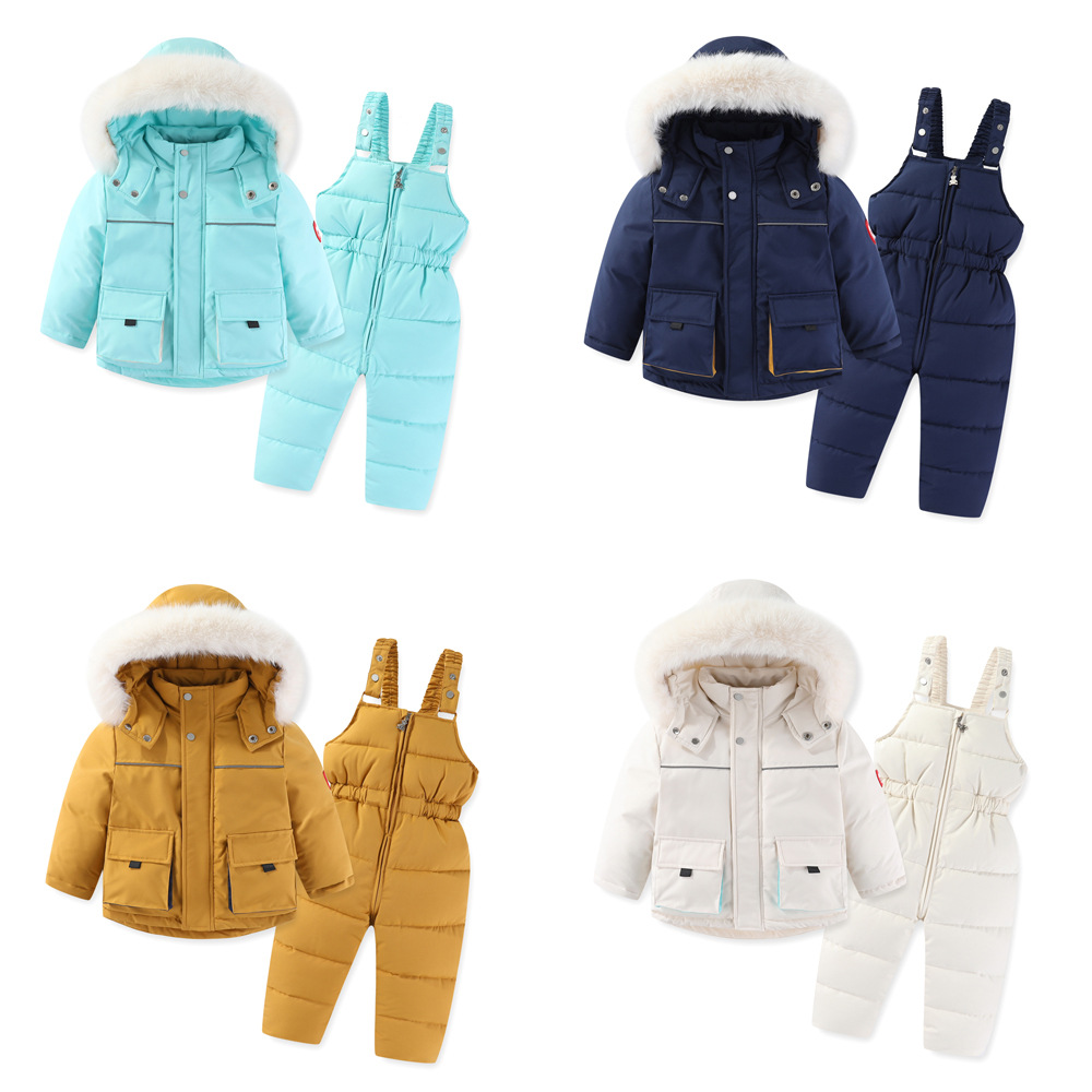 Coupe-vent imperméable Combinaison ski doublée coton pour garçons et filles avec grand col en fourrure