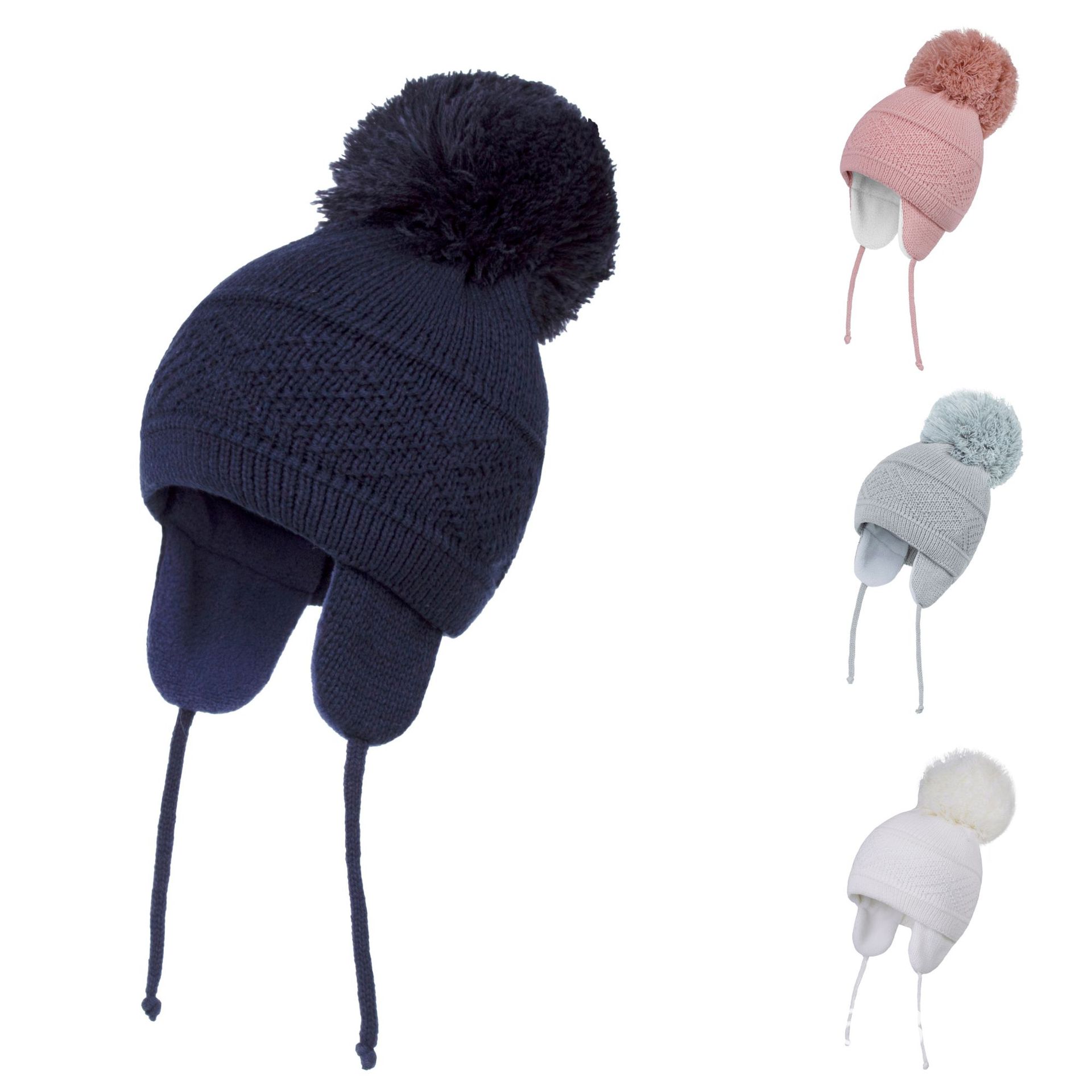 Bonnet tricoté uni avec gros pompon en fourrure
