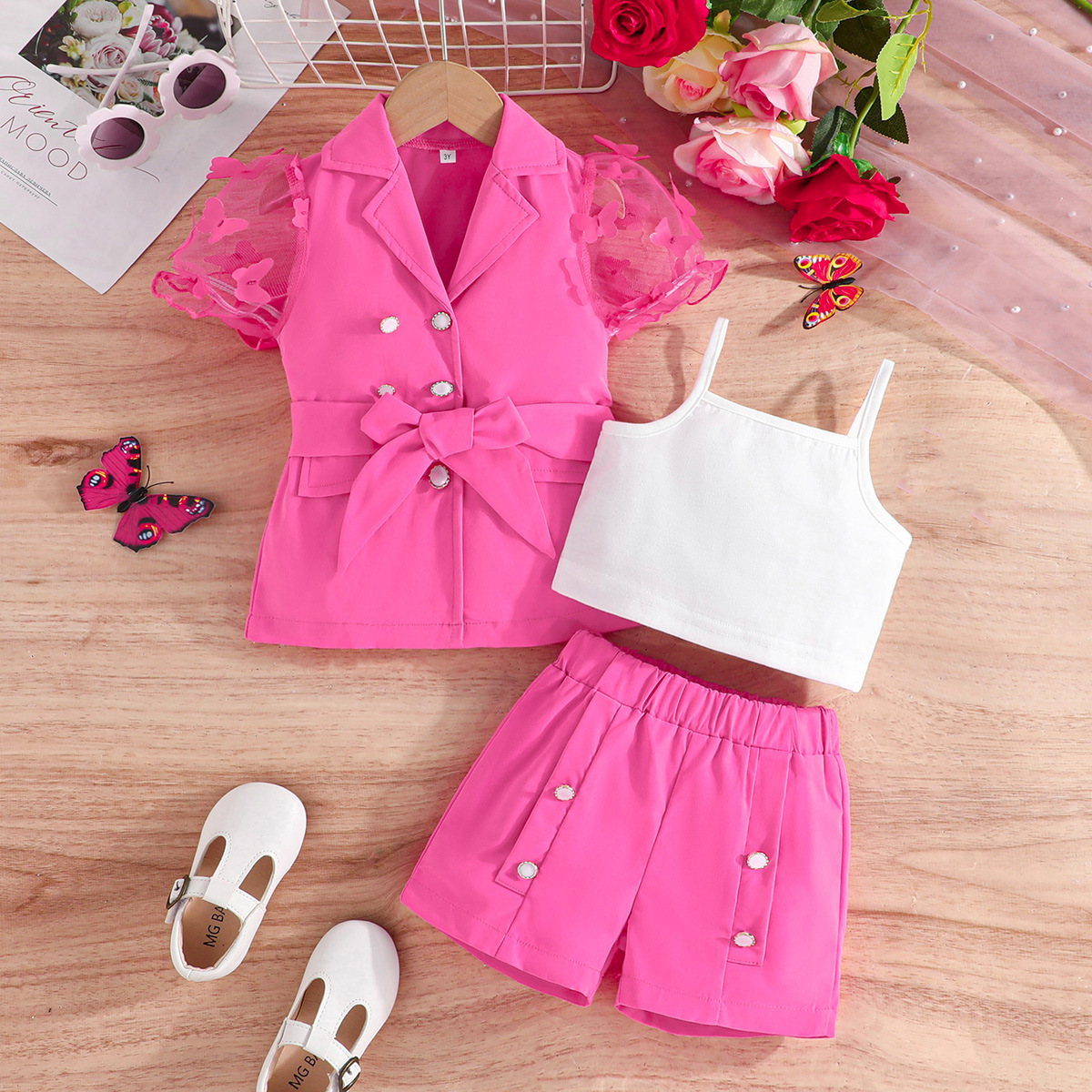 Haut de costume pour fille, salopette à bretelles, pantalon, ensemble trois pièces