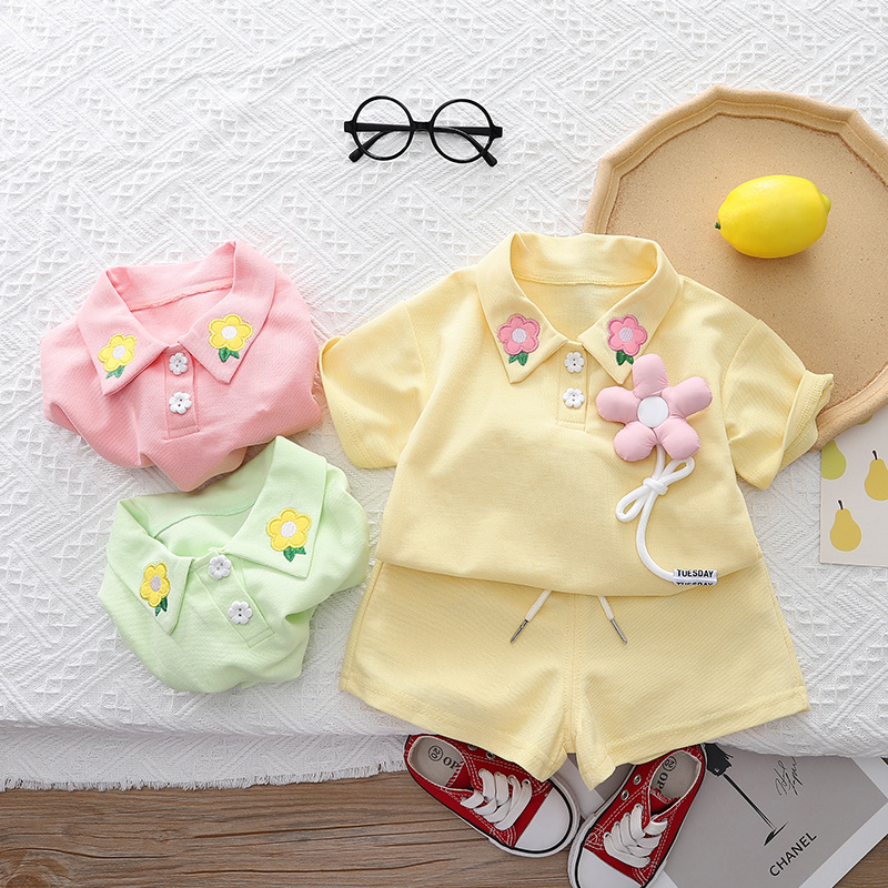 Fille, ensemble d'été en coton à manches courtes et short