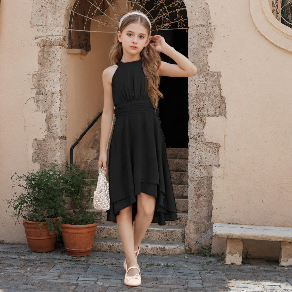 Robe fille sans manches à bretelles, en mousseline, avec devant court et dos long