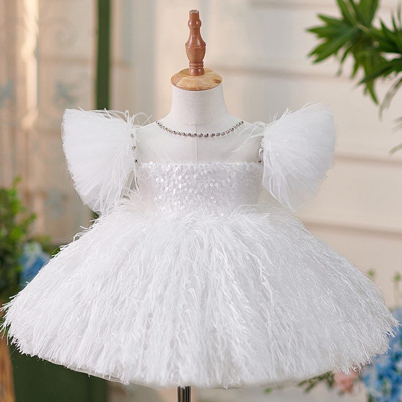 Fille Robe à Sequins Blanc Manches Volantes Plumes