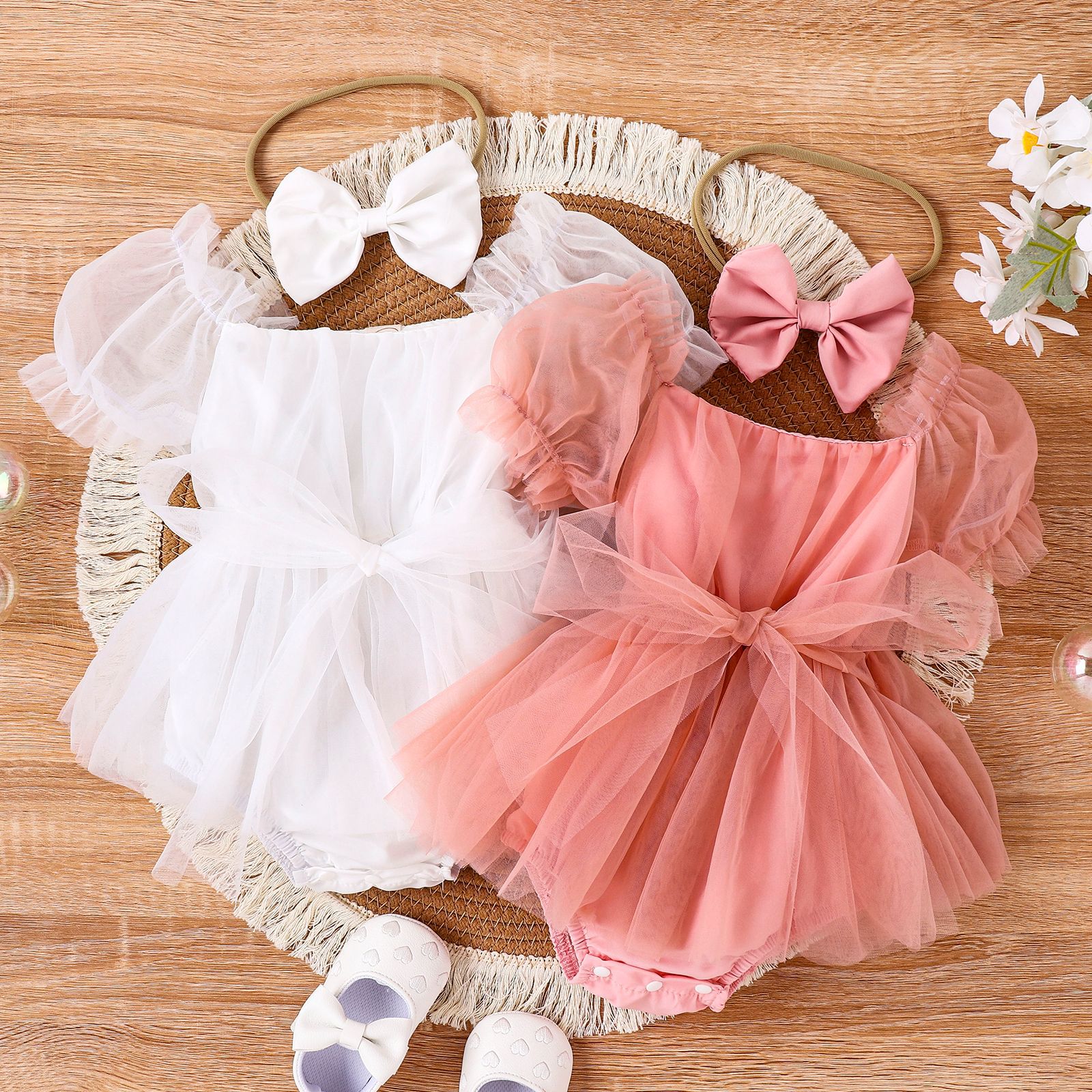 Bébé Fille Jupe Résille à Manches Bouffantes Unie, Bandeau