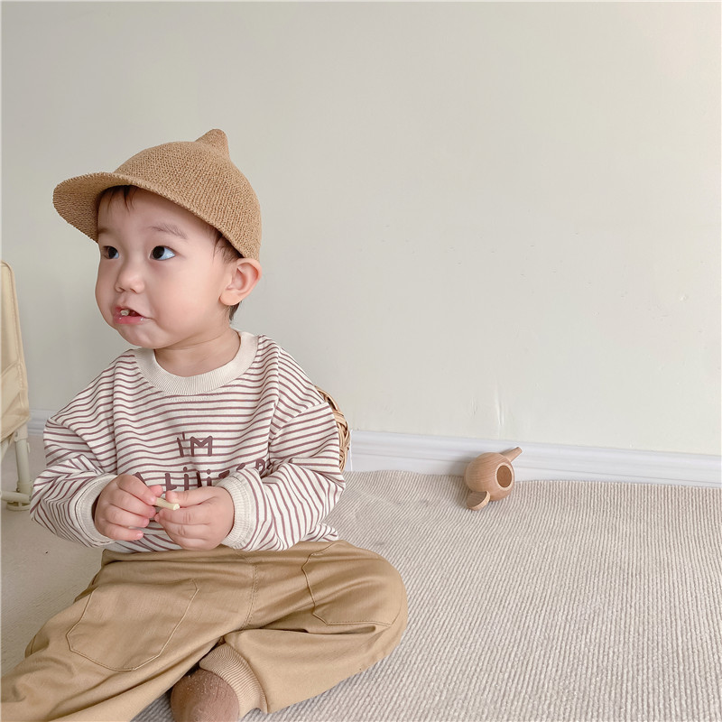 Combinaison bébé version coréenne printemps nouveau T-shirt bébé à rayures alphabétiques patch pantalon décontracté combinaison deux pièces bébé