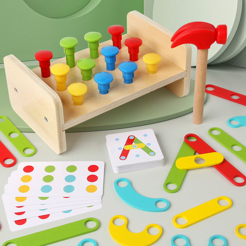 Plateforme de pont de pieux deux-en-un avec table à clous, jeu de puzzle en bois pour enfants, ensemble de pieux