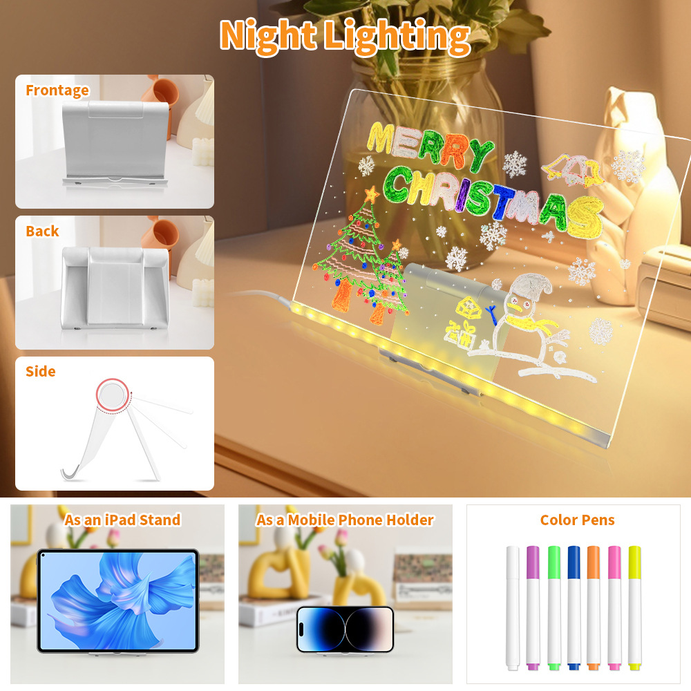 Tableau à dessin acrylique LED DIY, tableau d'écriture lumineux effaçable avec support, tableau de messages avec prise USB et veilleuse