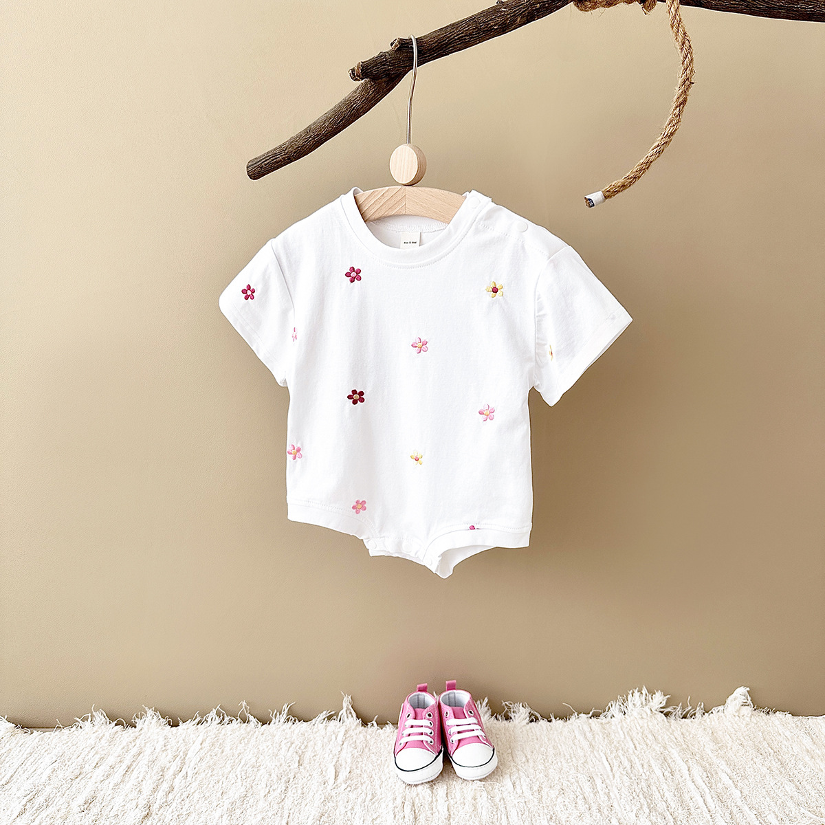 Combinaison triangle décontractée à col rond, broderie florale pour fille, confortable