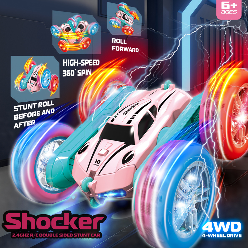 Télécommande de voiture acrobatique avec roues lumineuses, bras oscillant, voiture jouet à double face avec retournement.