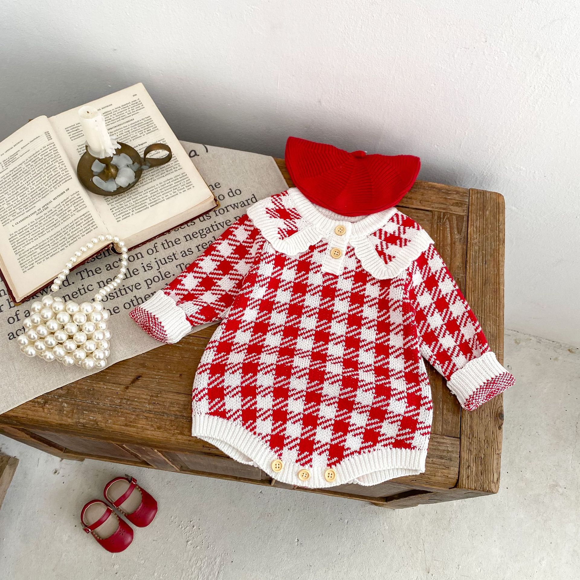 Automne Bébé Fille Rouge Pied-de-poule Coton Fil Tricoté Salopette Triangle