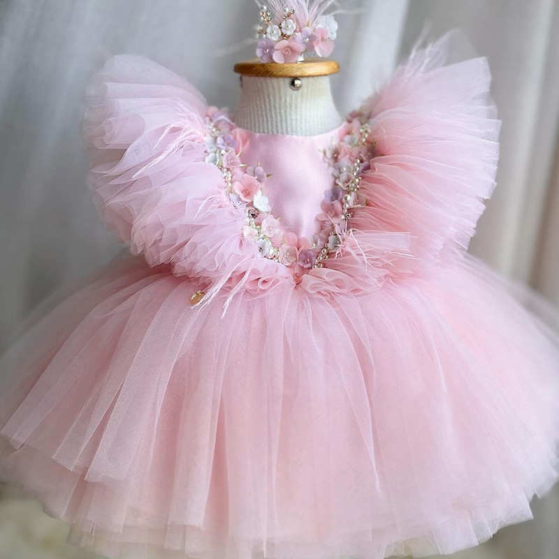 Fille de 1 an, robe princesse fleurie à perles, robe voilée douce